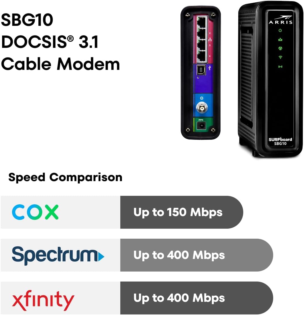 ARRIS (SBG10) - Cable Modem Router Combo - DOCSIS 3.0 16 x 4 Gigabit & AC1600 WiFi, For Comcast Xfinity, Cox, check with ISP for compatibility [Not for Spectrum] 400 Mbps Max Internet Speeds